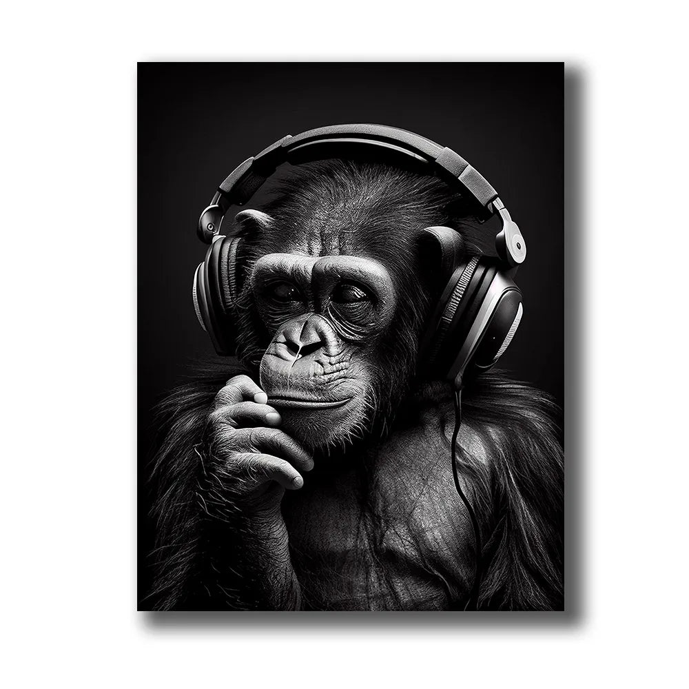 canva en toile d'un singe avec un casque écoutant de la musique