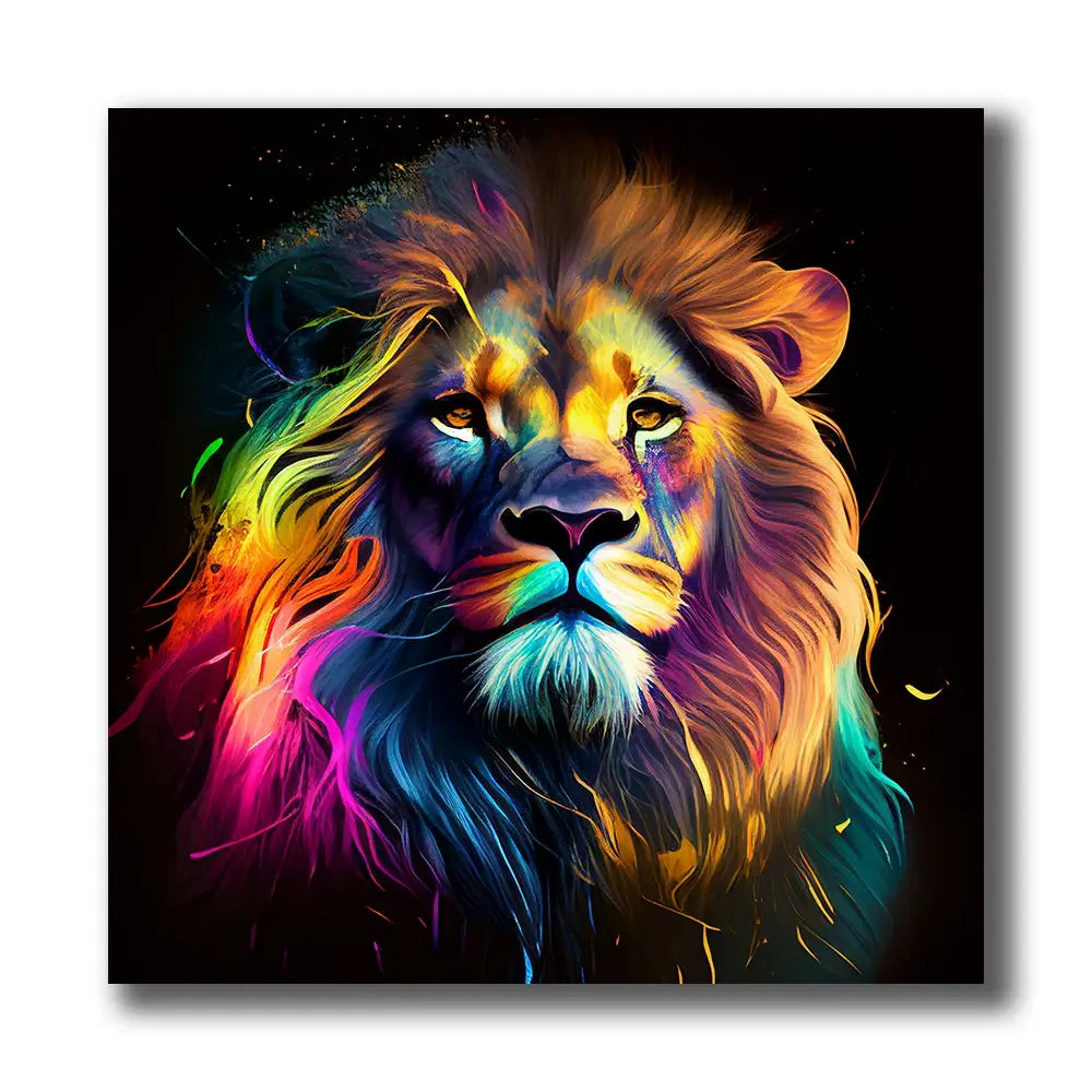 tableau abstrait lion coloré sur fond noir