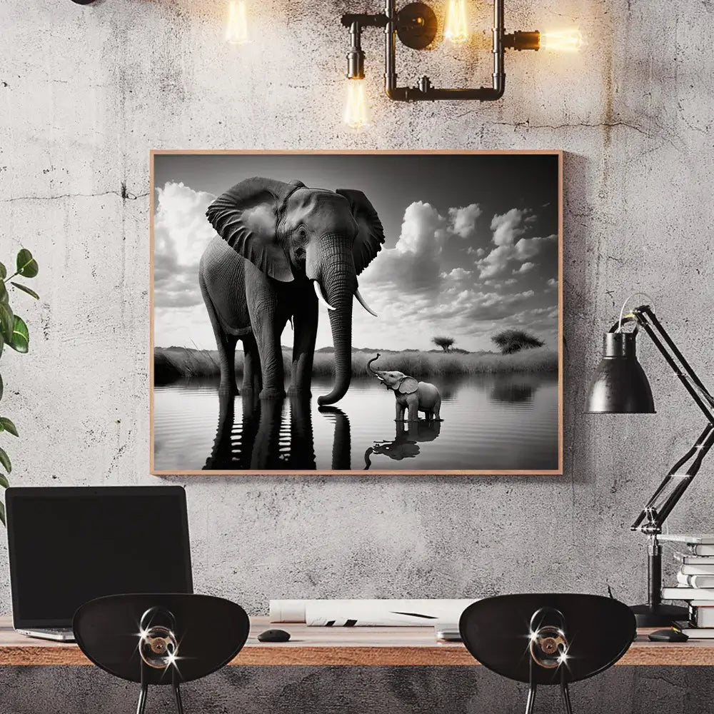 éléphant représenté en noir et blanc