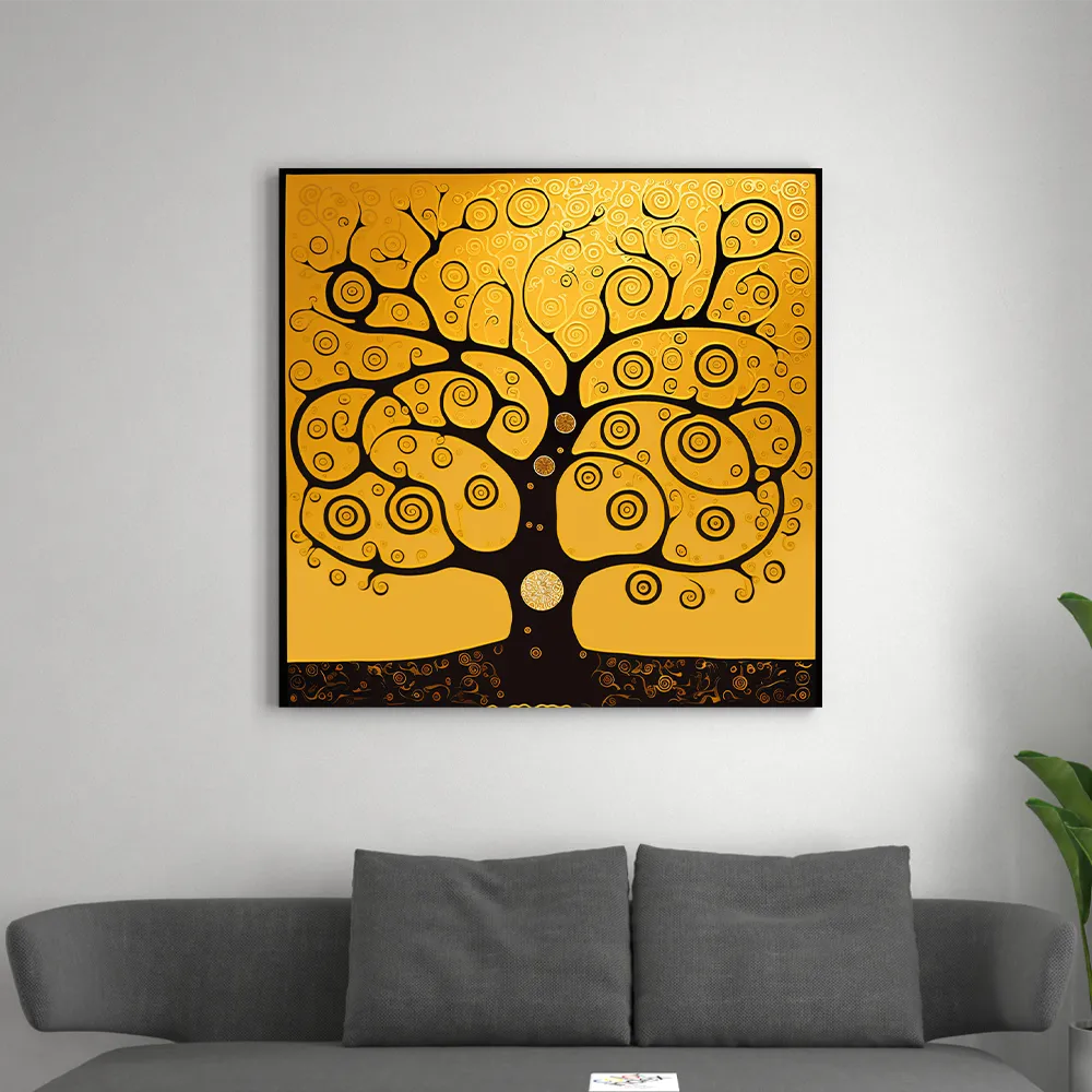 Tableau Fleur De Vie Original 40x60cm - Art Abstrait Jaune Avec Hématite - Sabrina Reich