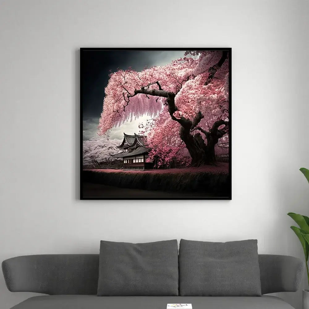 tableau temple japonais avec cerisiers japonais en fleur