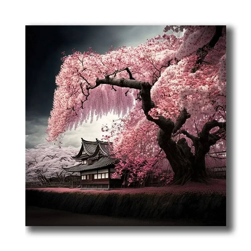 tableau cerisier et temple japonais
