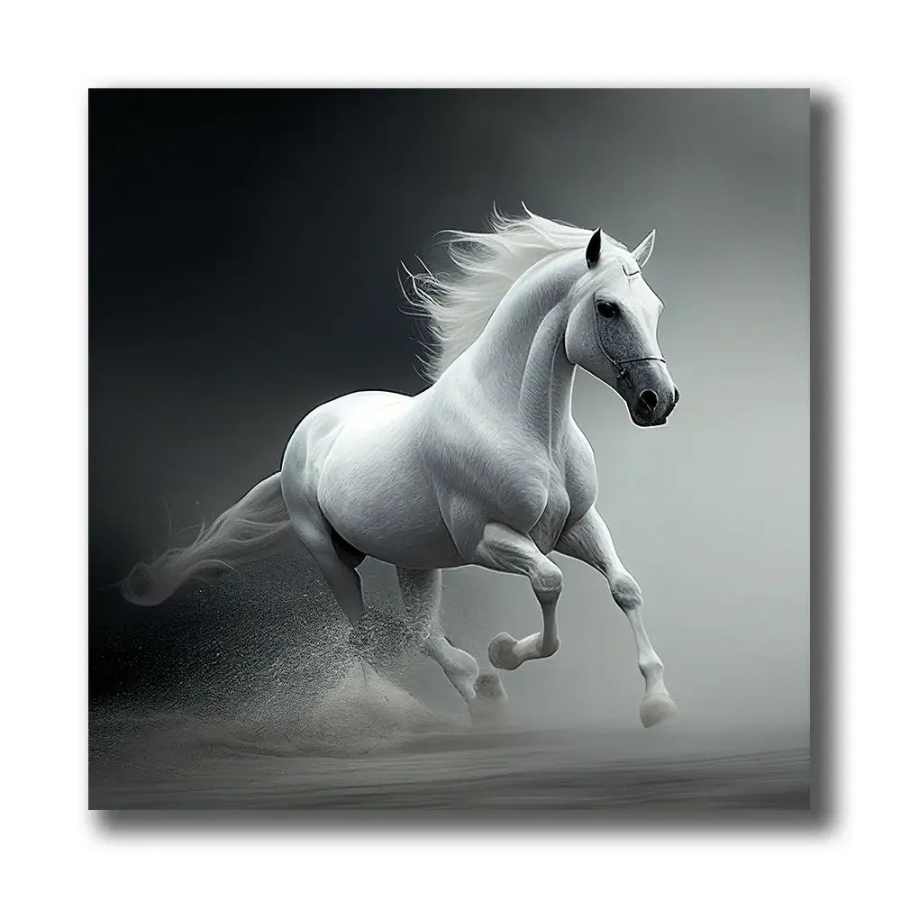 tableau cheval blanc au galop sur fond noir