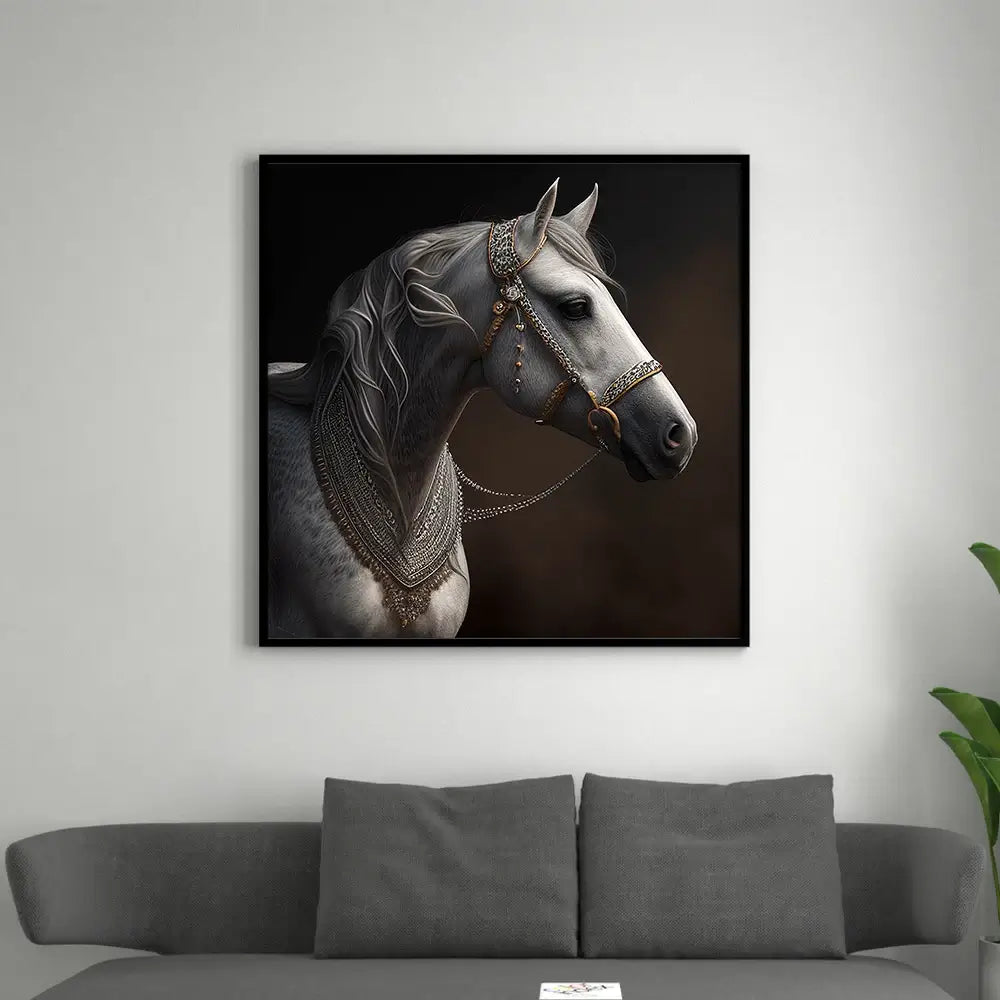 tableau cheval gris arable sur fond noir