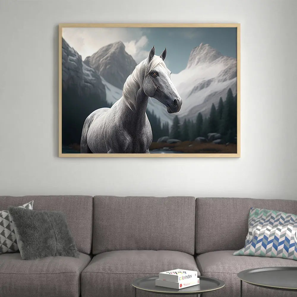 tableau de décoration représentant un cheval devant des montagnes
