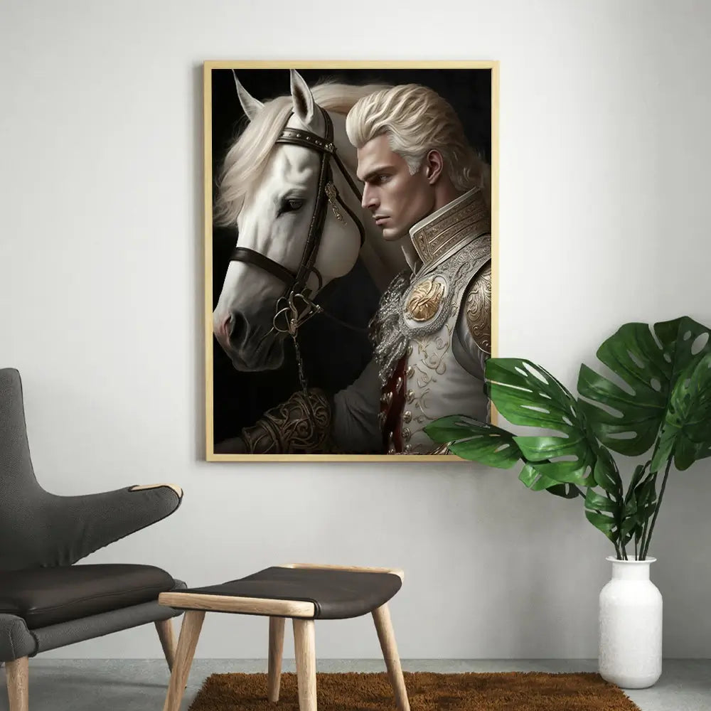 chevalier avec son cheval blanc sur tableau