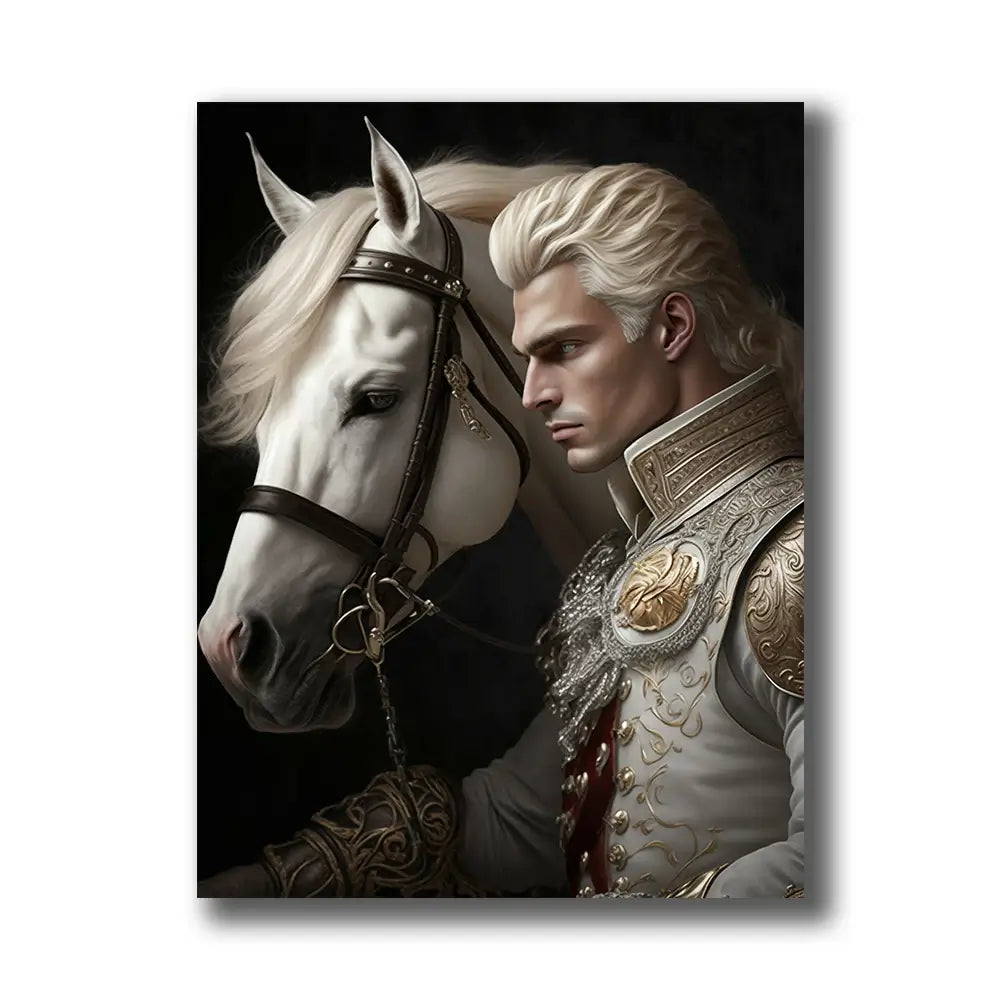 tableau de chevalier et cheval blanc