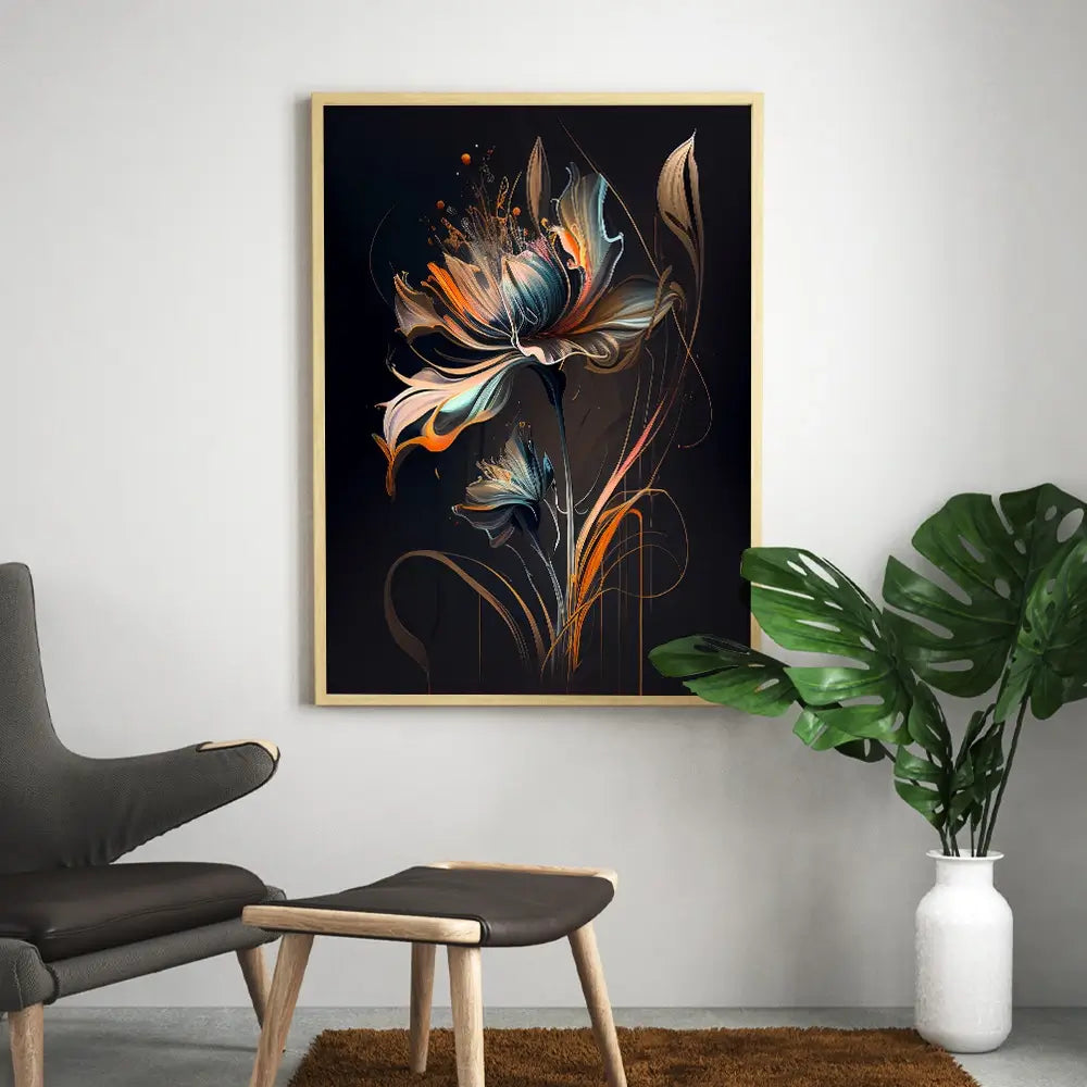 tableau fleur moderne sur canvas noir
