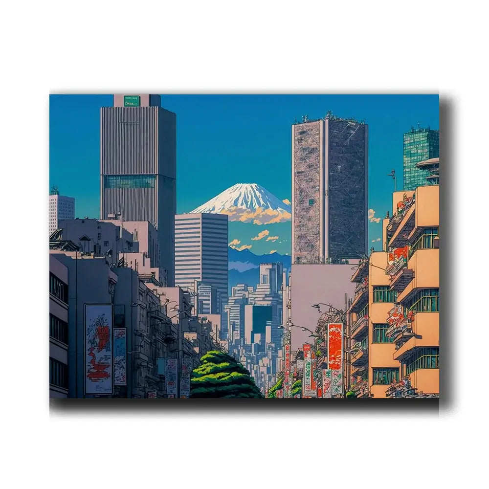 tableau d'une ville japonais au style anime avec le mont fuji en fond