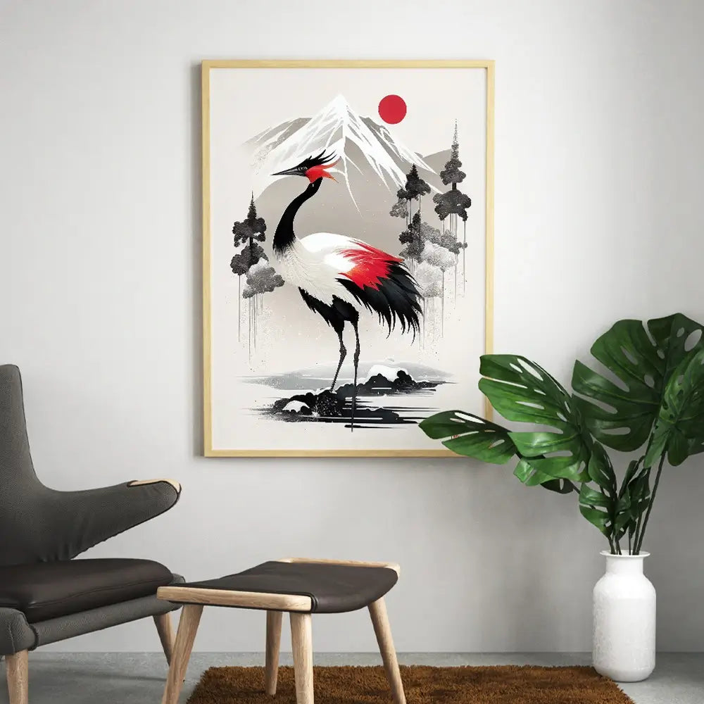 tableau d'une grue japonaise devant le mont fuji