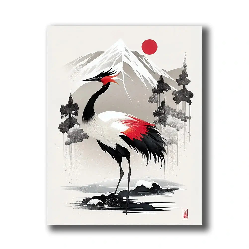 tableau japonais d'une grue blanche et rouge se tenant devant le mont fuji