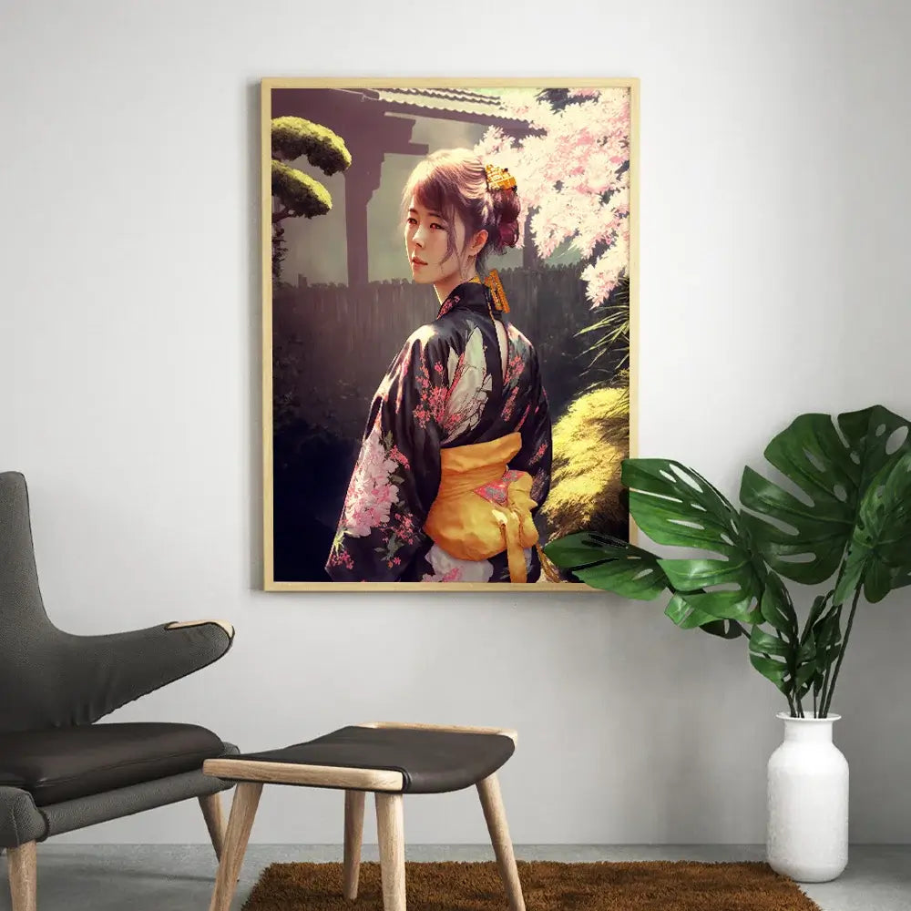 femme portant un kimono japonais dans un jardin zen