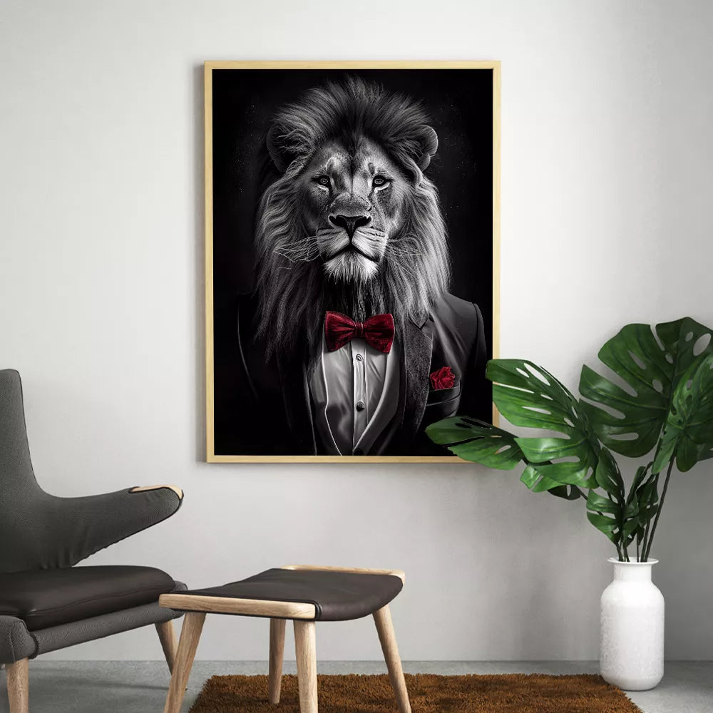 tableau lion en costume noir et blanc avec noeud papillon rouge