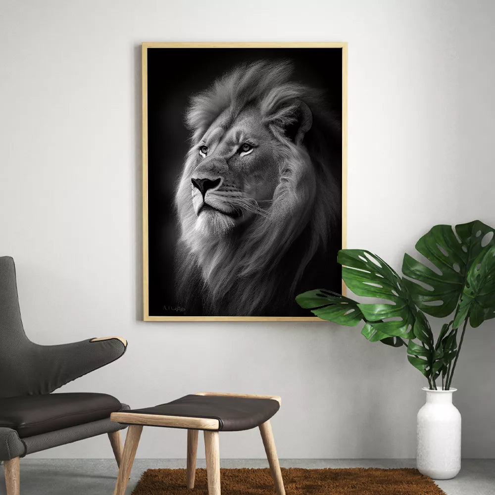 tableau moderne d'un lion en noir et blanc
