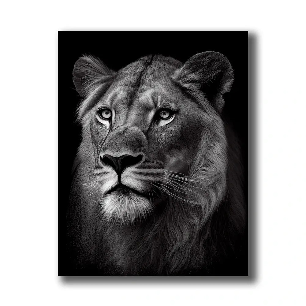 tableau d'une lionne sur canvas en noir et blanc