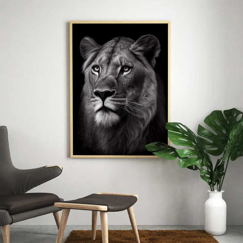 tableau d'une lionne en noir et blanc