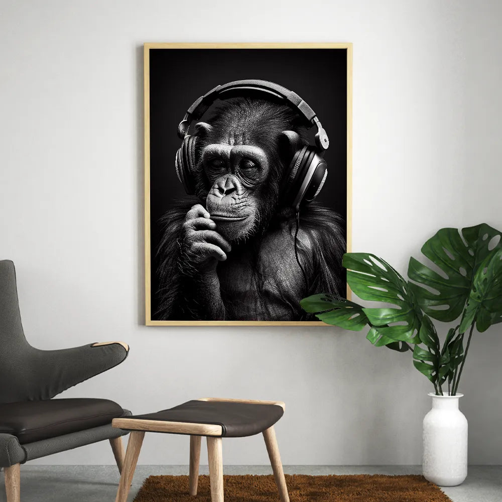 tableau singe casque musique noir et blanc